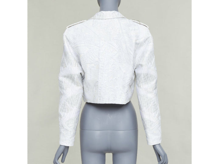 LOUIS VUITTON 2020 Runway ivory silver brocade military crop biker jacket FR36 S
