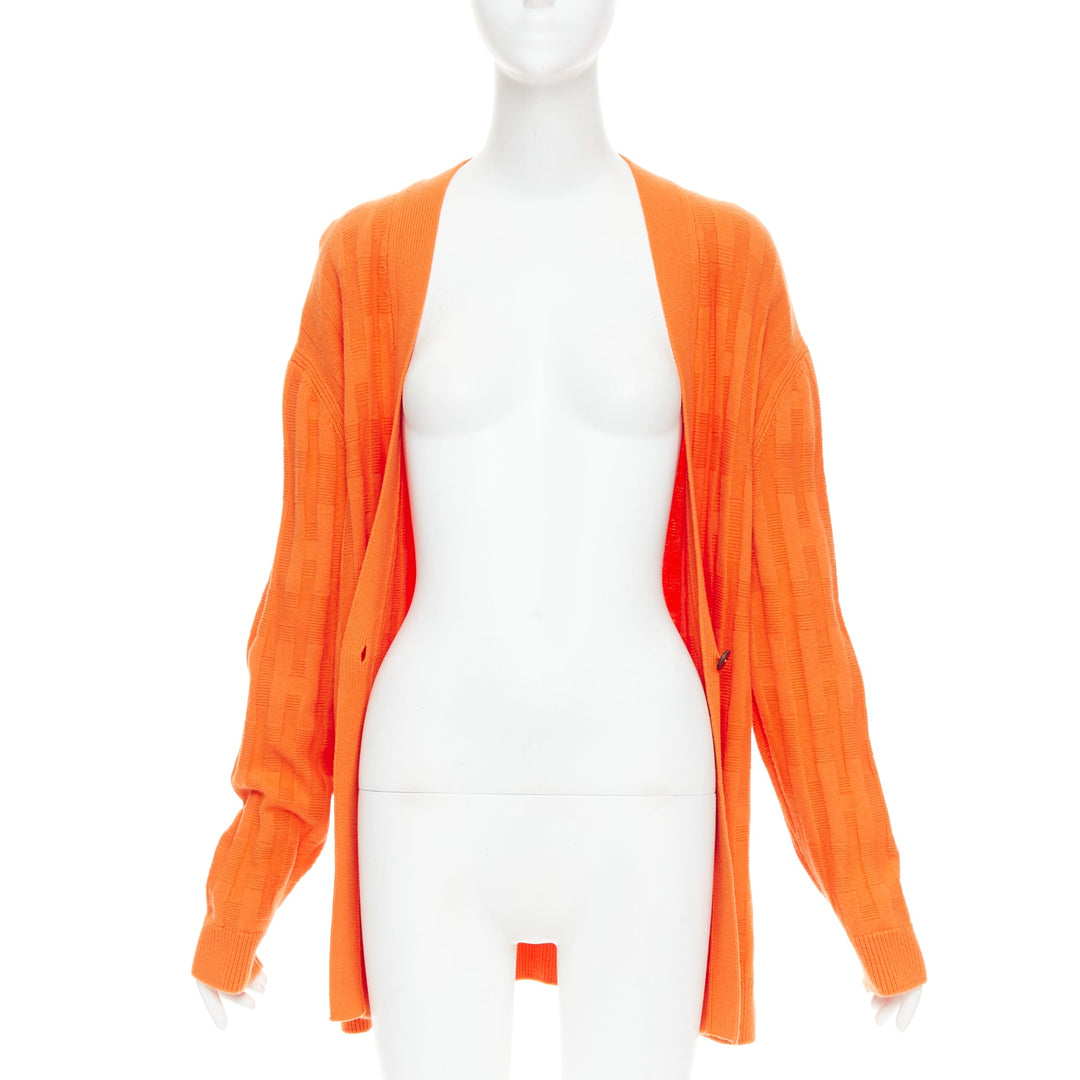 HERMES  H intarsia orange virgin wool V neck oversized cardigan FR36 S