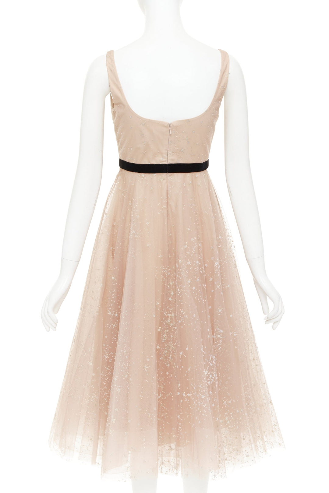 MARCHESA NOTTE blush pink glitter tulle black velvet bow tea length gown US2 S
