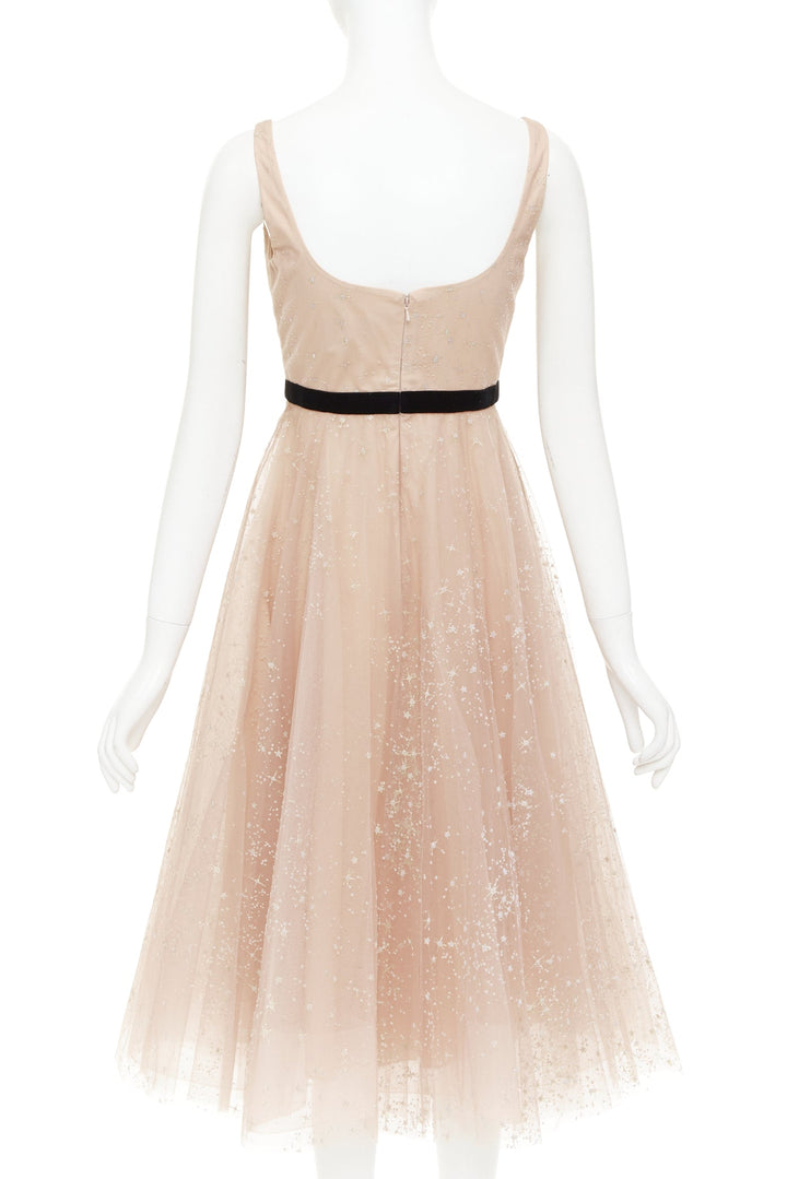 MARCHESA NOTTE blush pink glitter tulle black velvet bow tea length gown US2 S