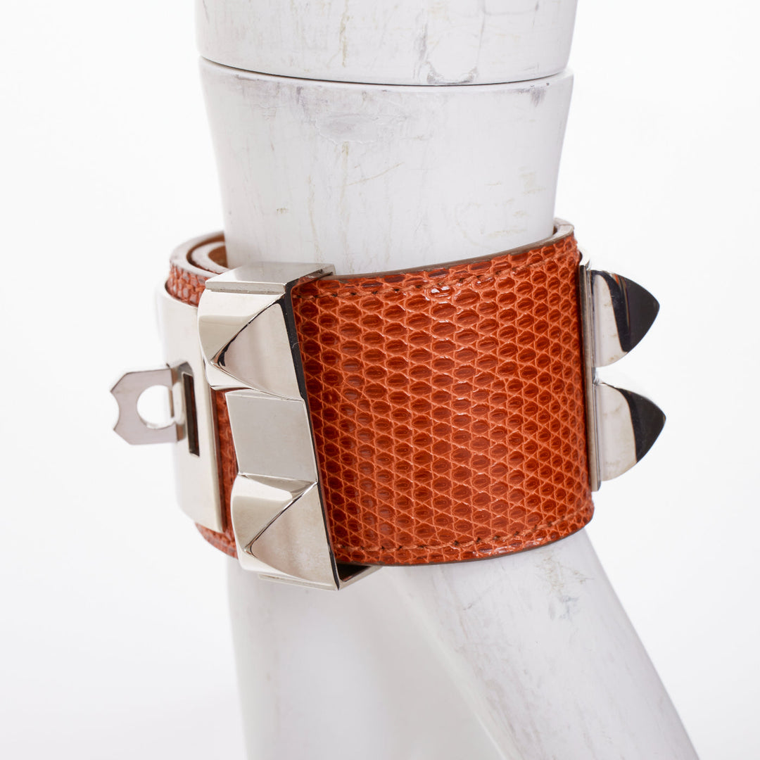 HERMES Collier de Chien tan brown salvage lizard silver medor cuff bracelet