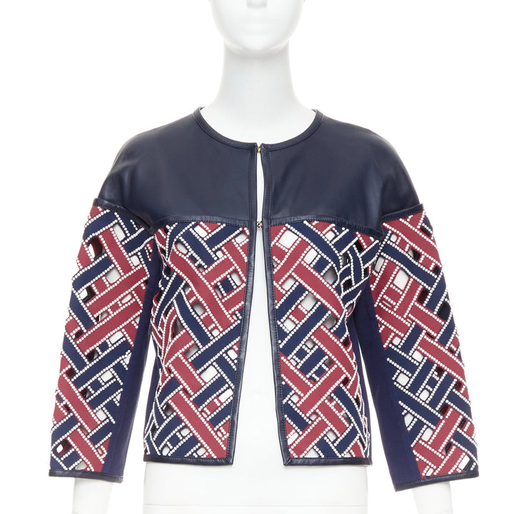 LOUIS VUITTON 2012 Runway navy red sequinned cut out woven leather jacket FR36 S