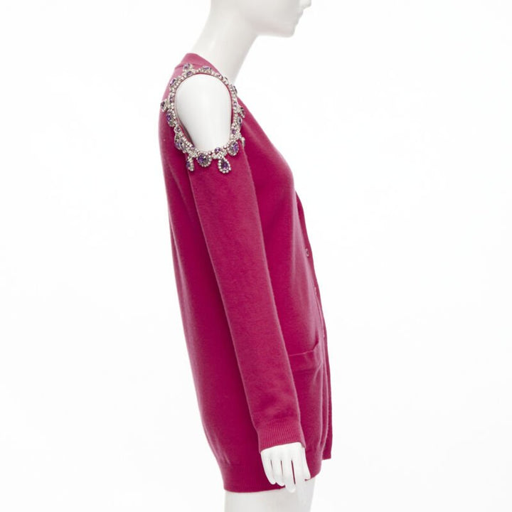 MOSCHINO fuschia pink cashmere crystal jewel cold shoulder cardigan IT38