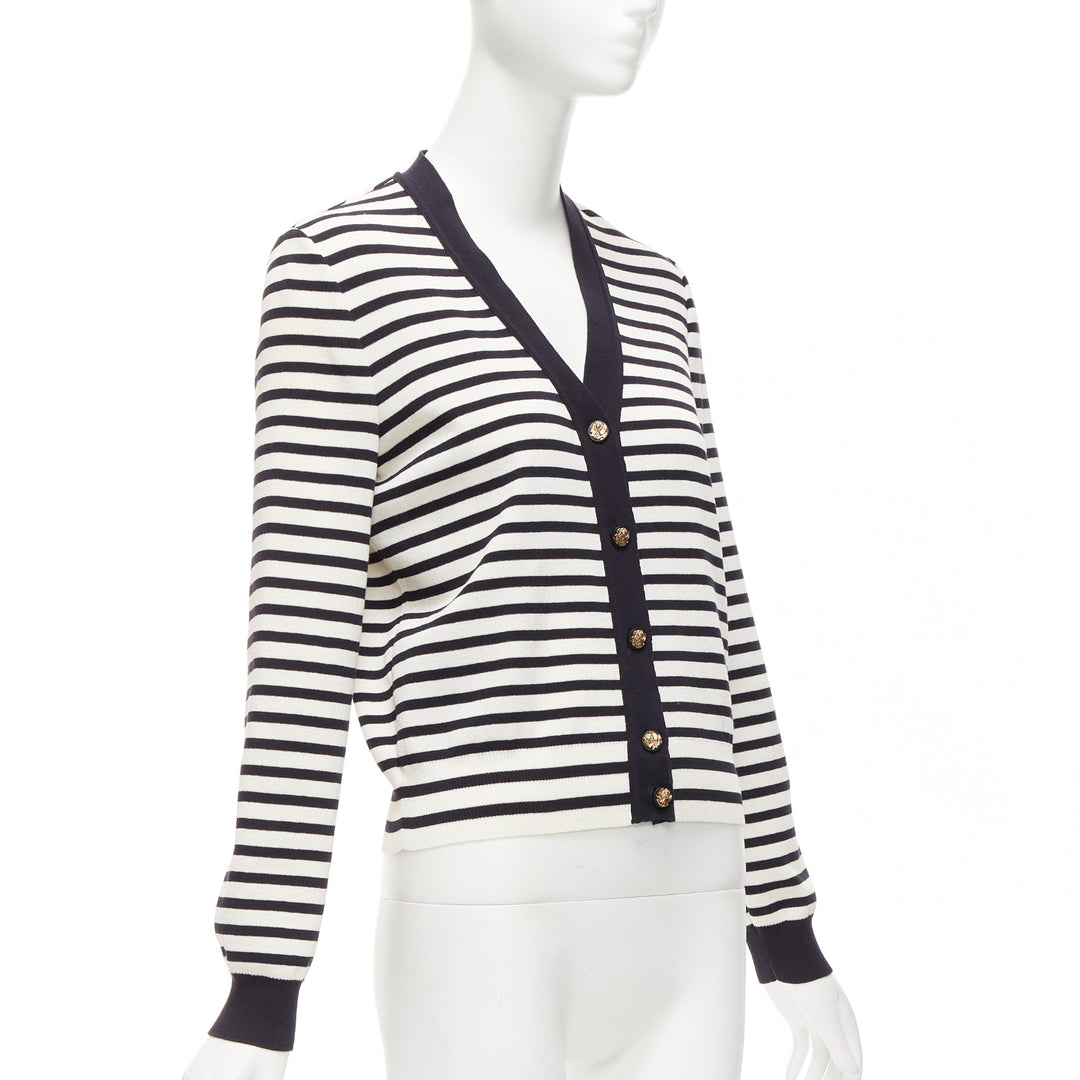 CHANEL black white striped cotton blend gold CC buttons cardigan FR38 M