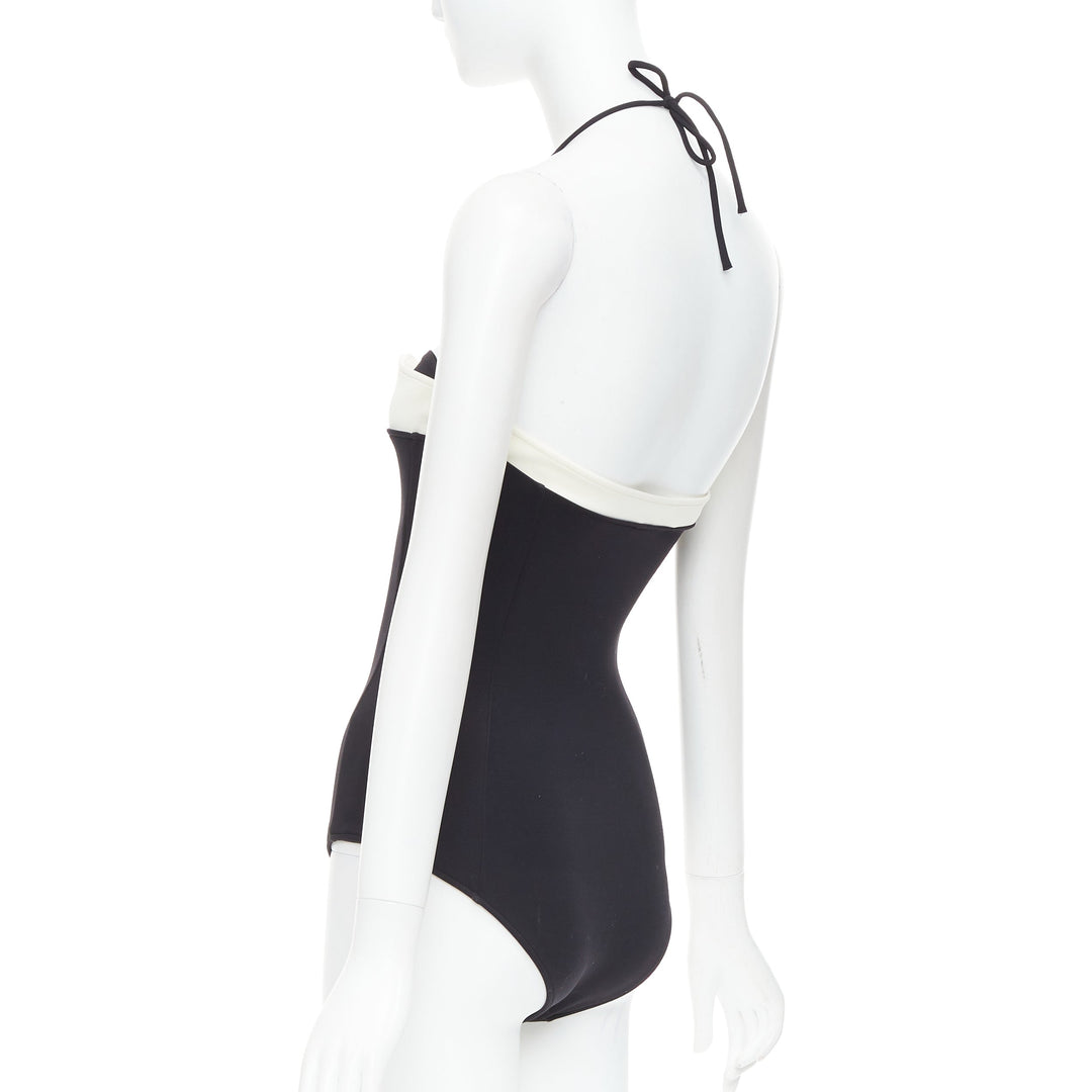 CHANEL white logo faux pearl black white collared halter one pc swimsuit FR34 XS