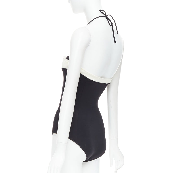CHANEL white logo faux pearl black white collared halter one pc swimsuit FR34 XS