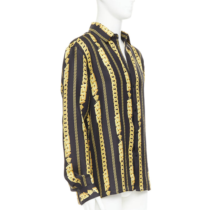 VERSACE 100% silk black gold Medusa Chains cuban link printed shirt IT54 XXL