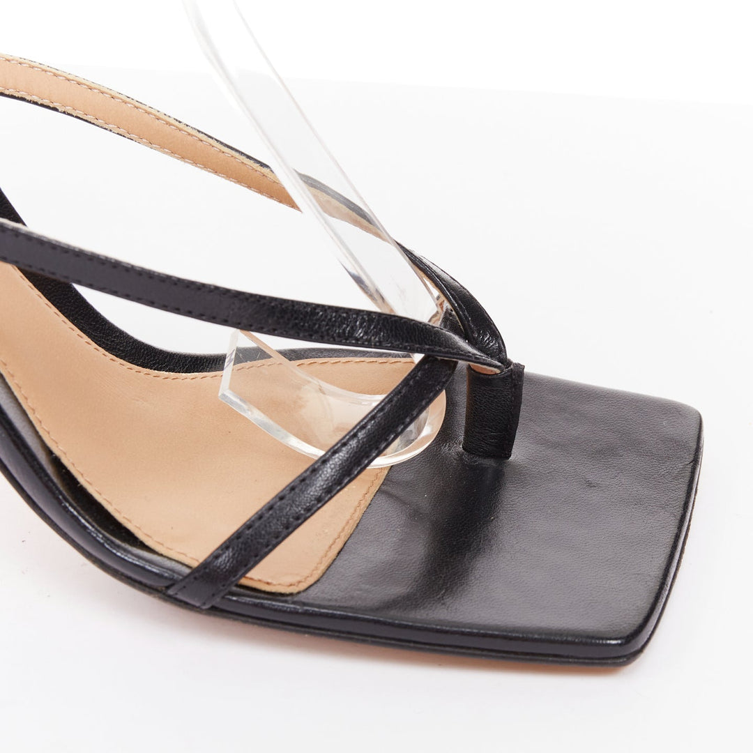 BOTTEGA VENETA Stretch black thong ankle strap square toe heel sandals EU35.5