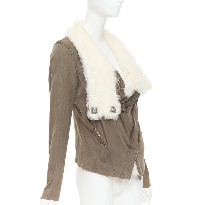 HELMUT LANG cream lambskin fur collar brown cotton blend flare jacket M
