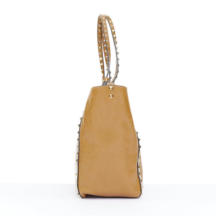 VALENTINO Rockstud Medium brown pebbled calfskin leather trapeze satchel bag