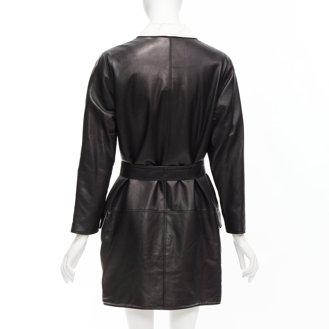 GIANNI VERSACE Vintage black leather white silk medusa button belted coat
