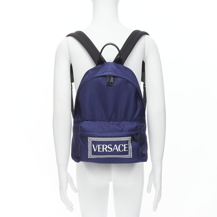 VERSACE 90's Box Logo navy blue nylon Greca strap backpack