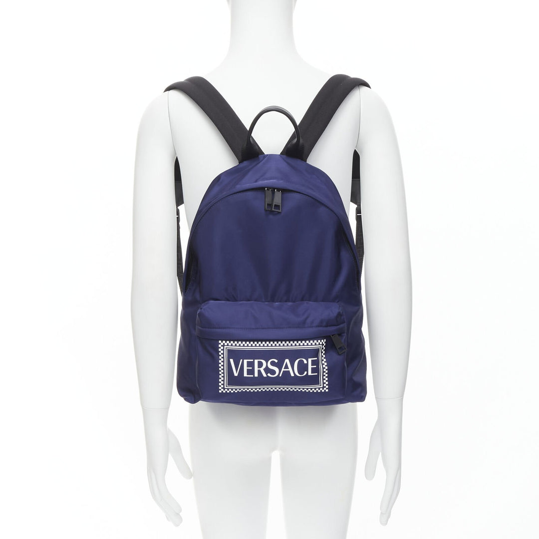 VERSACE 90's Box Logo navy blue nylon Greca strap backpack