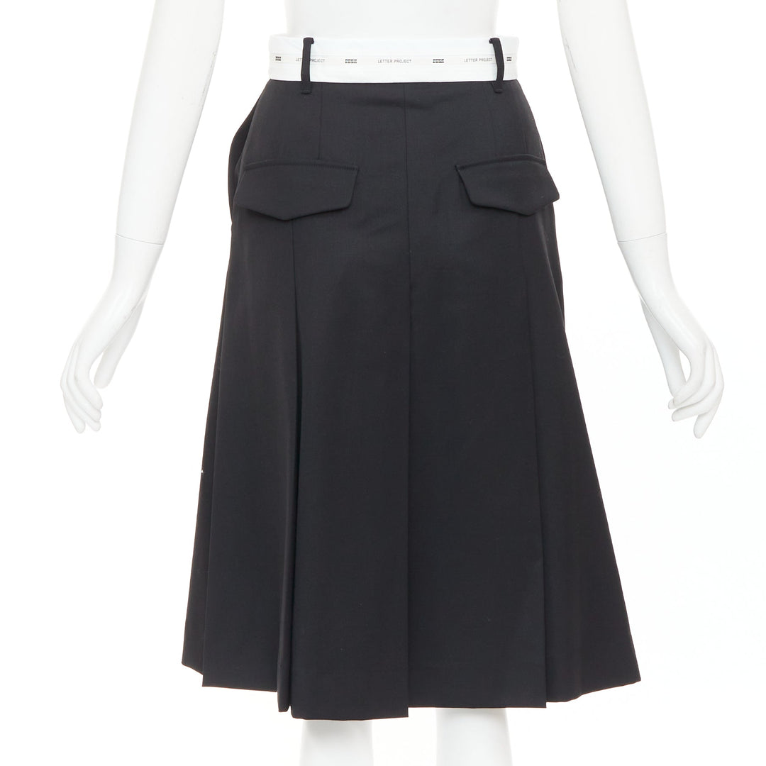 EENK LETTER X black white wool blend logo waist box pleat knee skirt XS