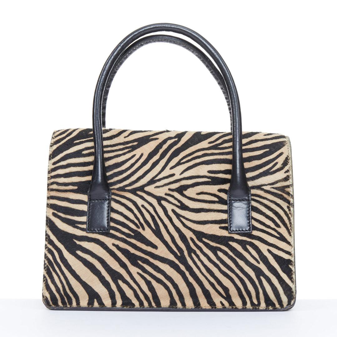 LAMBERTSON TRUEX 2004 zebra print calf hair black leather flap top handle bag