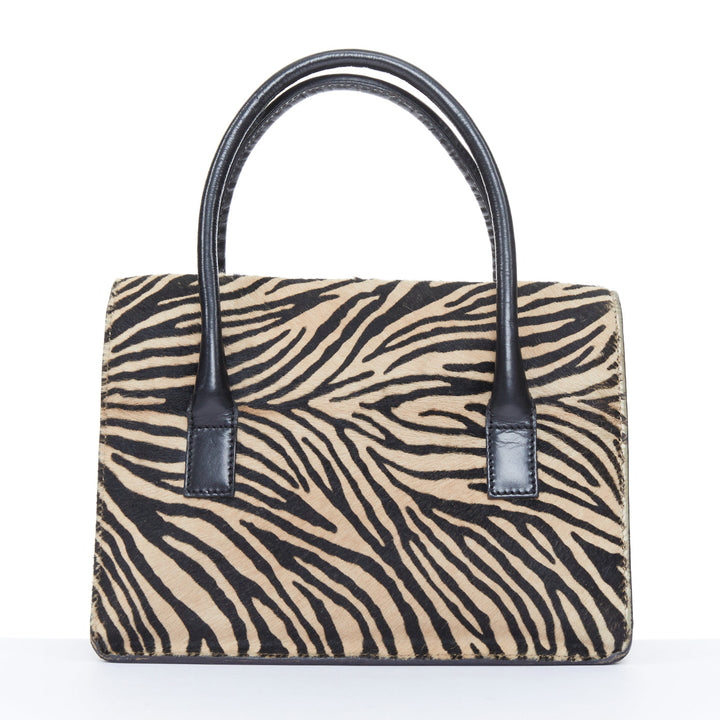 LAMBERTSON TRUEX 2004 zebra print calf hair black leather flap top handle bag