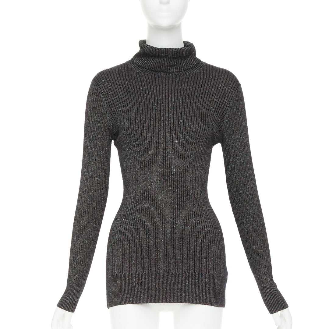 DRIES VAN NOTEN metallic green lurex viscose blend ribbed turtleneck sweater M