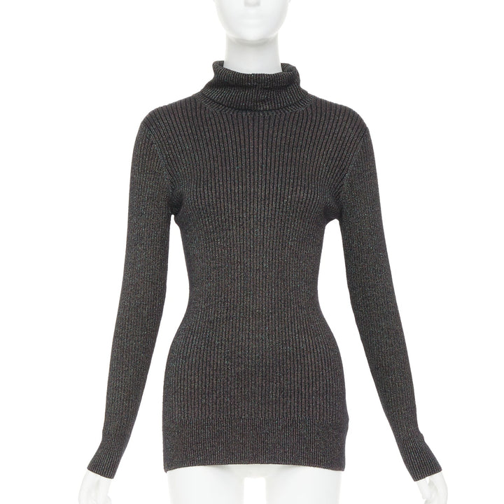 DRIES VAN NOTEN metallic green lurex viscose blend ribbed turtleneck sweater M