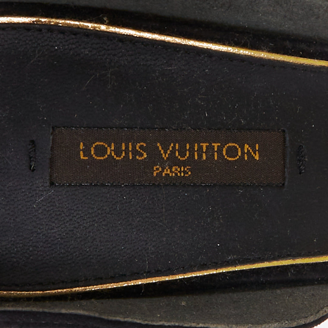 LOUIS VUITTON V Symphony black suede gold hardware high heel sandals EU38