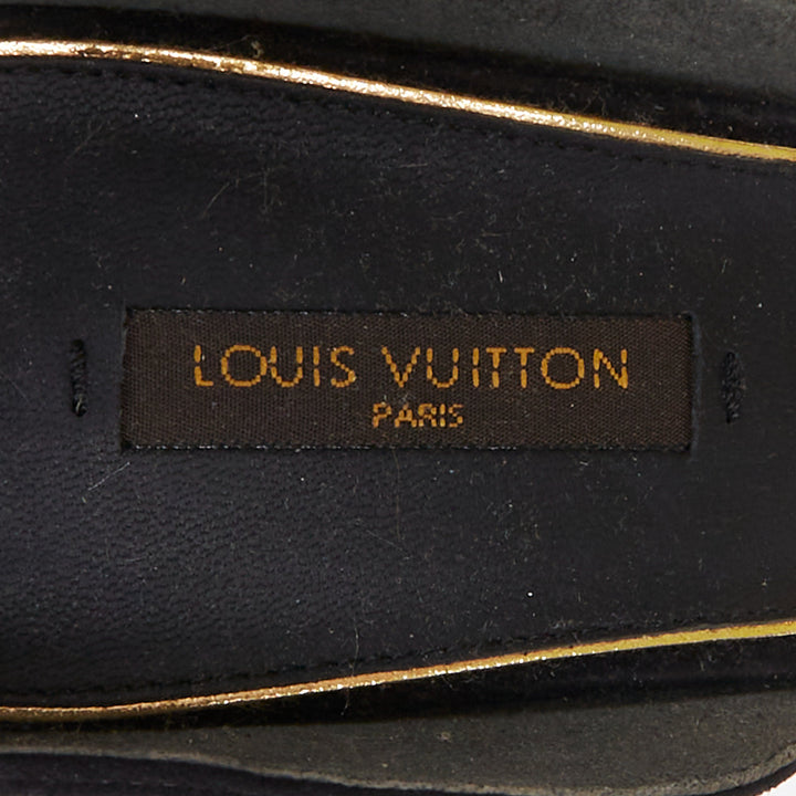 LOUIS VUITTON V Symphony black suede gold hardware high heel sandals EU38