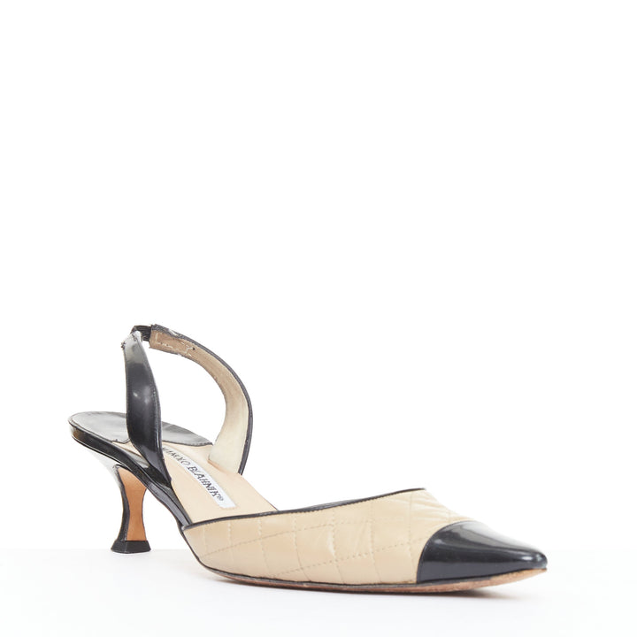 MANOLO BLAHNIK nude quilted leather stitch black toe cap slingback heel EU39