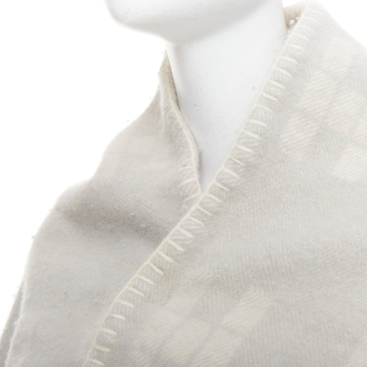 HERMES cream light grey cashmere wool H logo square throw blanket