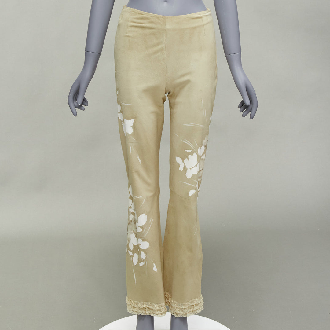 VALENTINO Vintage beige hand painted floral lambskin suede leather pants UK6 XS