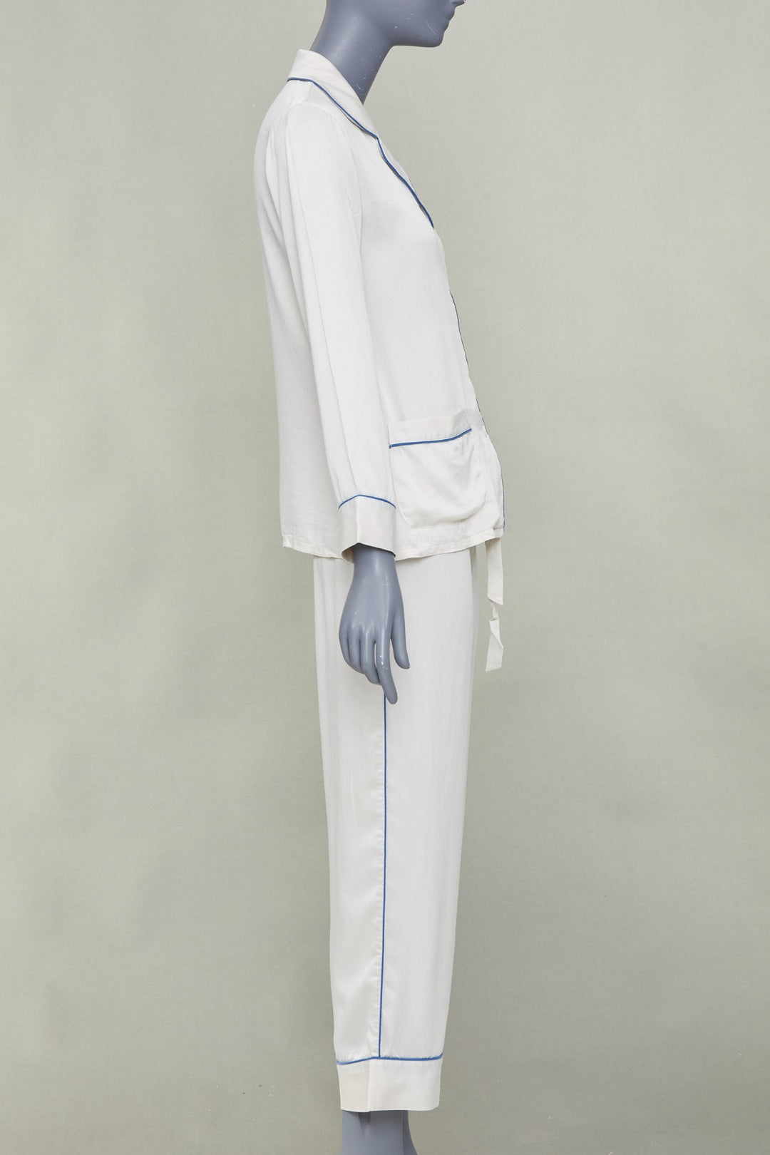 OLIVIA VON HALLE Coco ivory off white blue piping silk sleepwear set Sz1 S