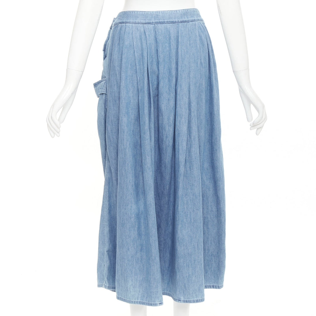 CELINE light blue cotton washed denim gold triomphe logo button midi skirt 27"