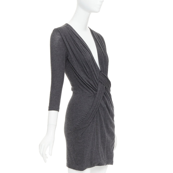 GIVENCHY dark grey lyocell cashmere deep V ruched draped mini dress M