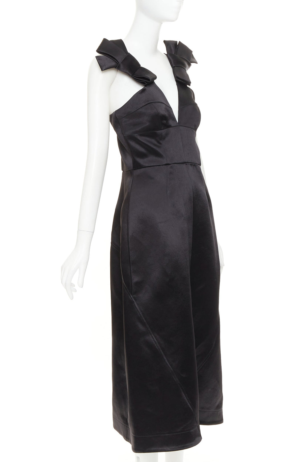 JIL SANDER black shiny satin bow detail V-neck sleeveless midi dress FR38 M