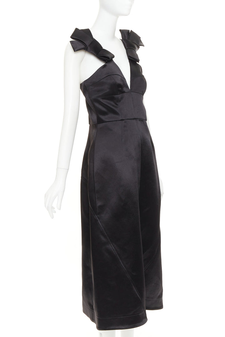 JIL SANDER black shiny satin bow detail V-neck sleeveless midi dress FR38 M