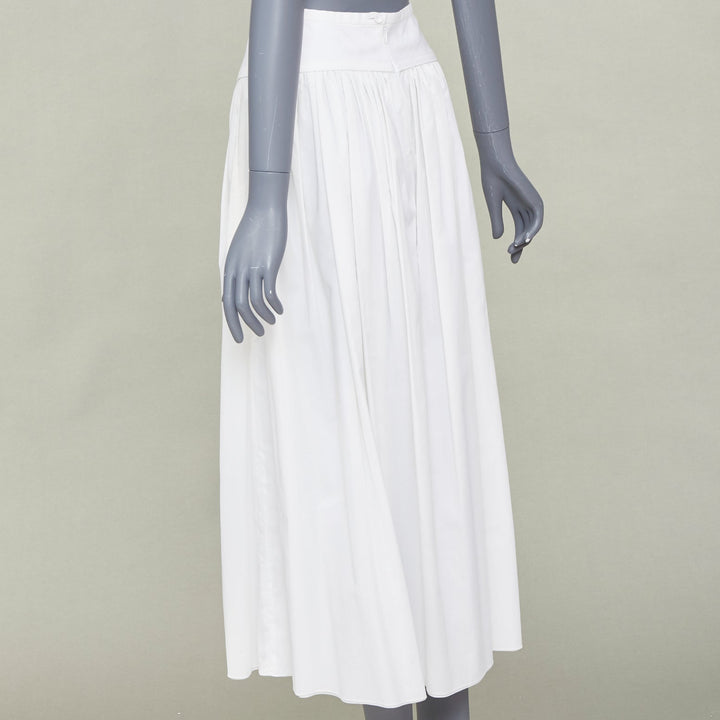HERMES white cotton linen pleated drop waist casual flared midi skirt FR34 XS