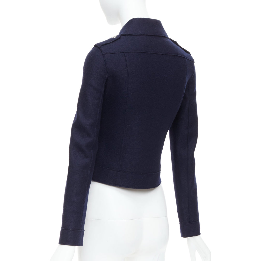 HARRIS WHARF LONDON navy virgin wool cropped biker jacket IT38 XS