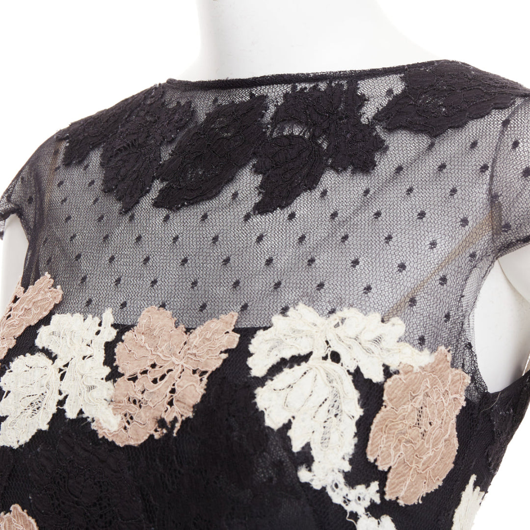 VALENTINO 2013 Runway black ivory beige lace Point d'Esprit sheer midi dress