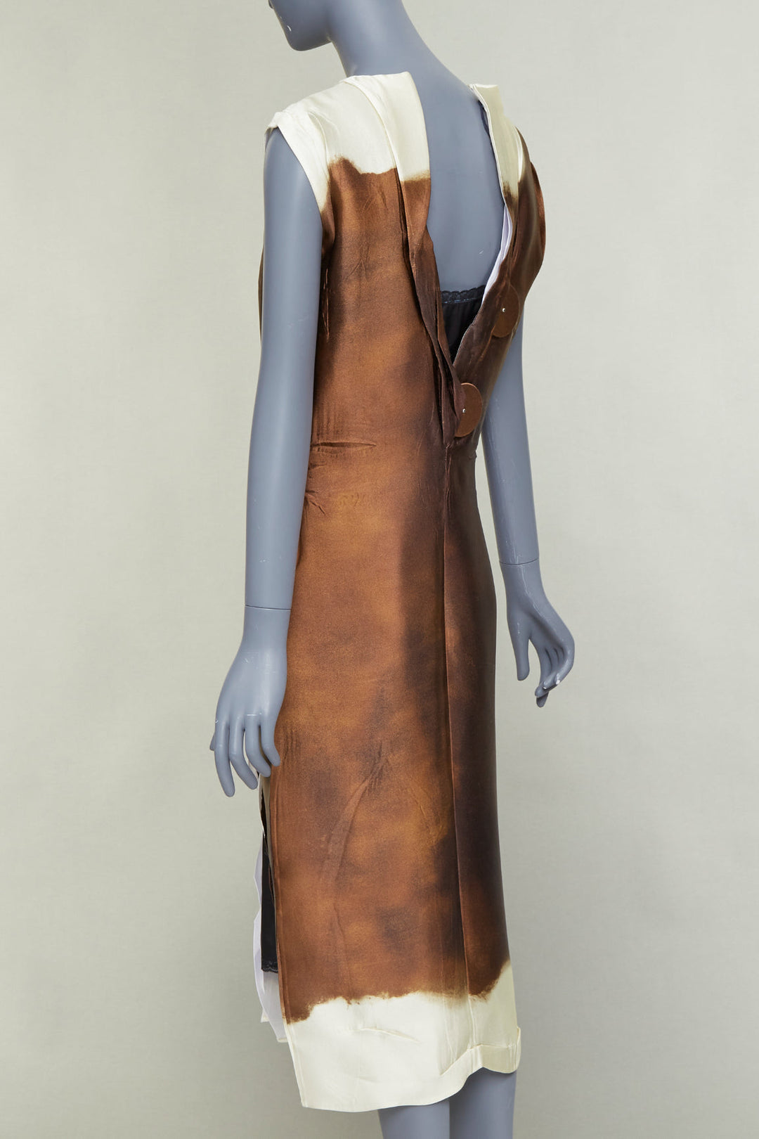 PRADA 2022 Runway brown cream silk blend tie dye trompe loeil slit dress IT38 XS