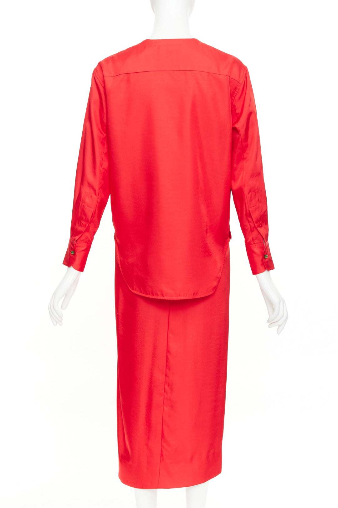SAMUEL GUI YANG LABELHOOD red satin green button chinois sleeve top skirt set