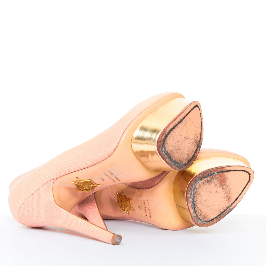 CHARLOTTE OLYMPIA Dolly beige canvas gold island metallic platform pumps EU36