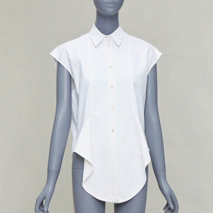 BALENCIAGA white mixed fabric drape cap sleeves collared shirt FR36 S