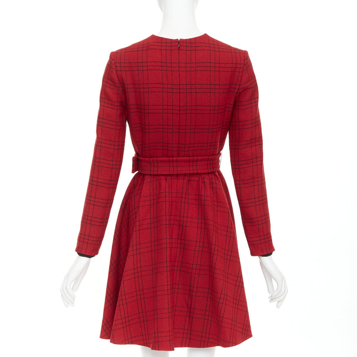 CHRISTIAN DIOR 2018 red plaid check virgin wool belted A-line dress FR36 S