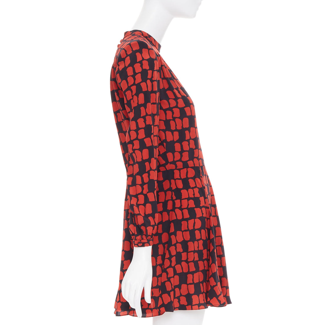 SAINT LAURENT 2012 red black geometric block silk shoulder padded dress FR34 XXS