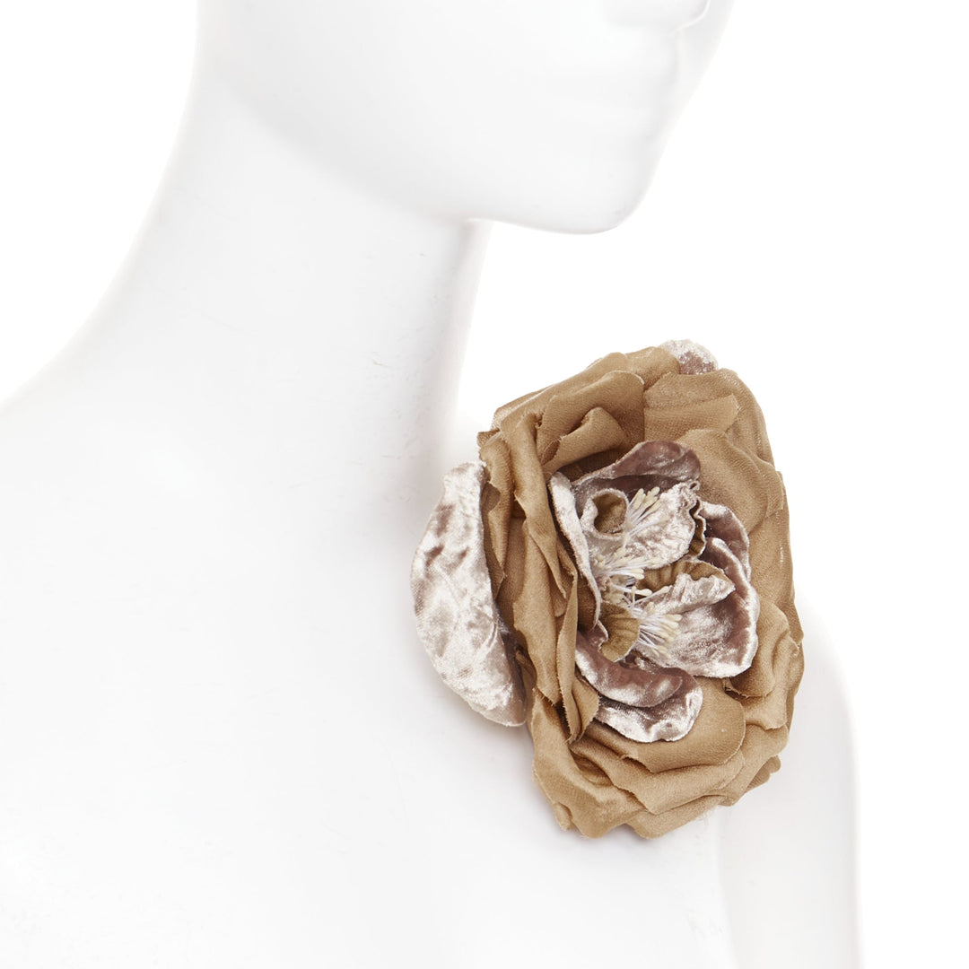 rare SAINT LAURENT 2022 X Large Wild Rose gold crushed velvet silk pin brooch