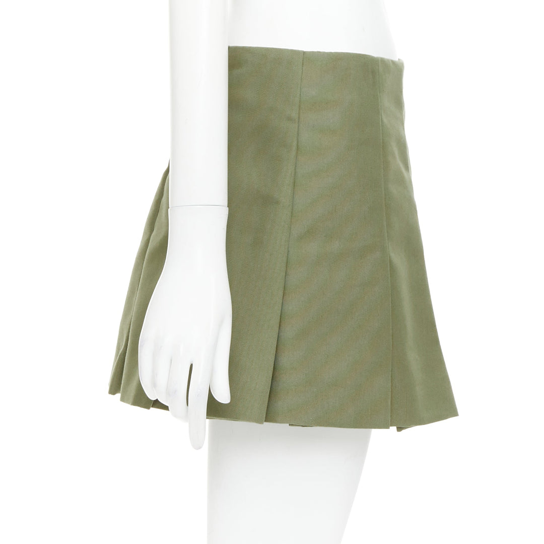 PRADA 2023 khaki green nylon canvas triangle logo plate pleat mini skirt IT38 XS