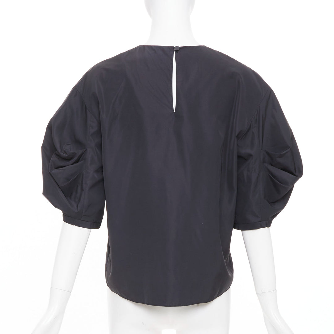 TIBI Italian Sporty Nylon Pleat Sleeve black sculptural balloon blouse US0 XS
