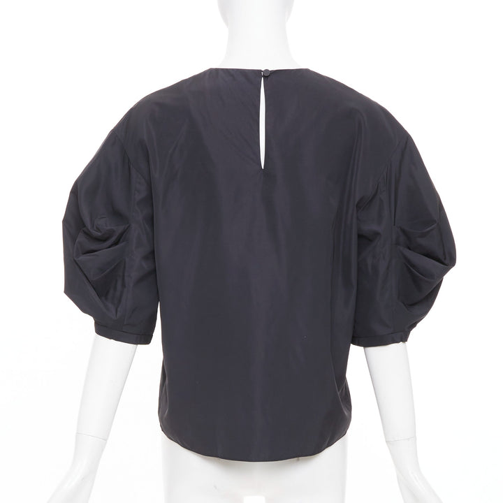TIBI Italian Sporty Nylon Pleat Sleeve black sculptural balloon blouse US0 XS