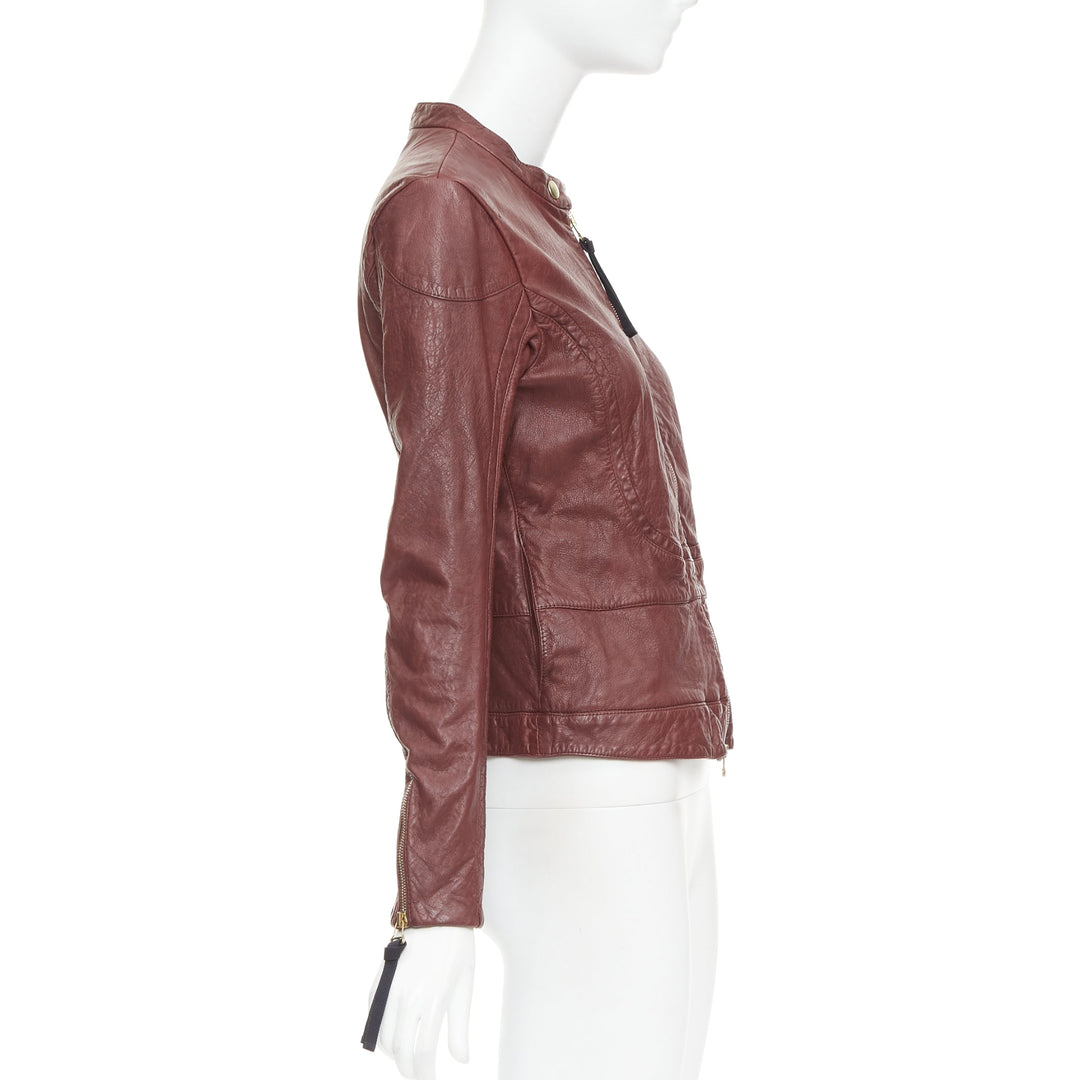 MARNI 2012 burgundy crinkled lamb leather wool lining moto biker jacket IT42 M