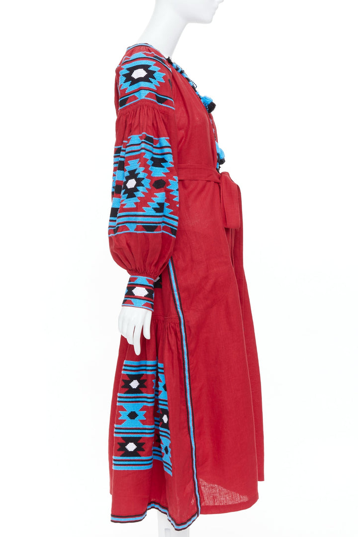 VITA KIN red linen blue folk ethnic embroidery boho peasant kaftan dress S/D