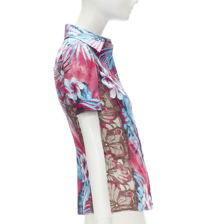 rare D&G DOLCE GABBANA Vintage blue pink sheer lace panel side Hawaiian shirt XS
