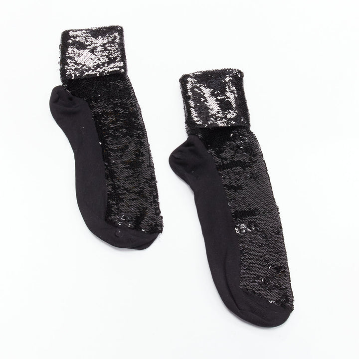 SAINT LAURENT 2016 black sequins cotton blend rolled cuffed socks EUR38