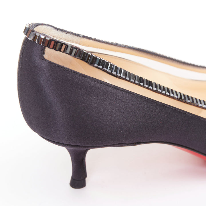 CHRISTIAN LOUBOUTIN Paulina Strass 45 black satin baguette crystal kitten EU37.5